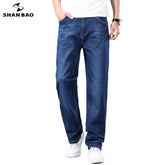SHAN BAO cotton stretch men's straight loose loose summer thin jeans  spring classic brand casual lightweight jeans blue